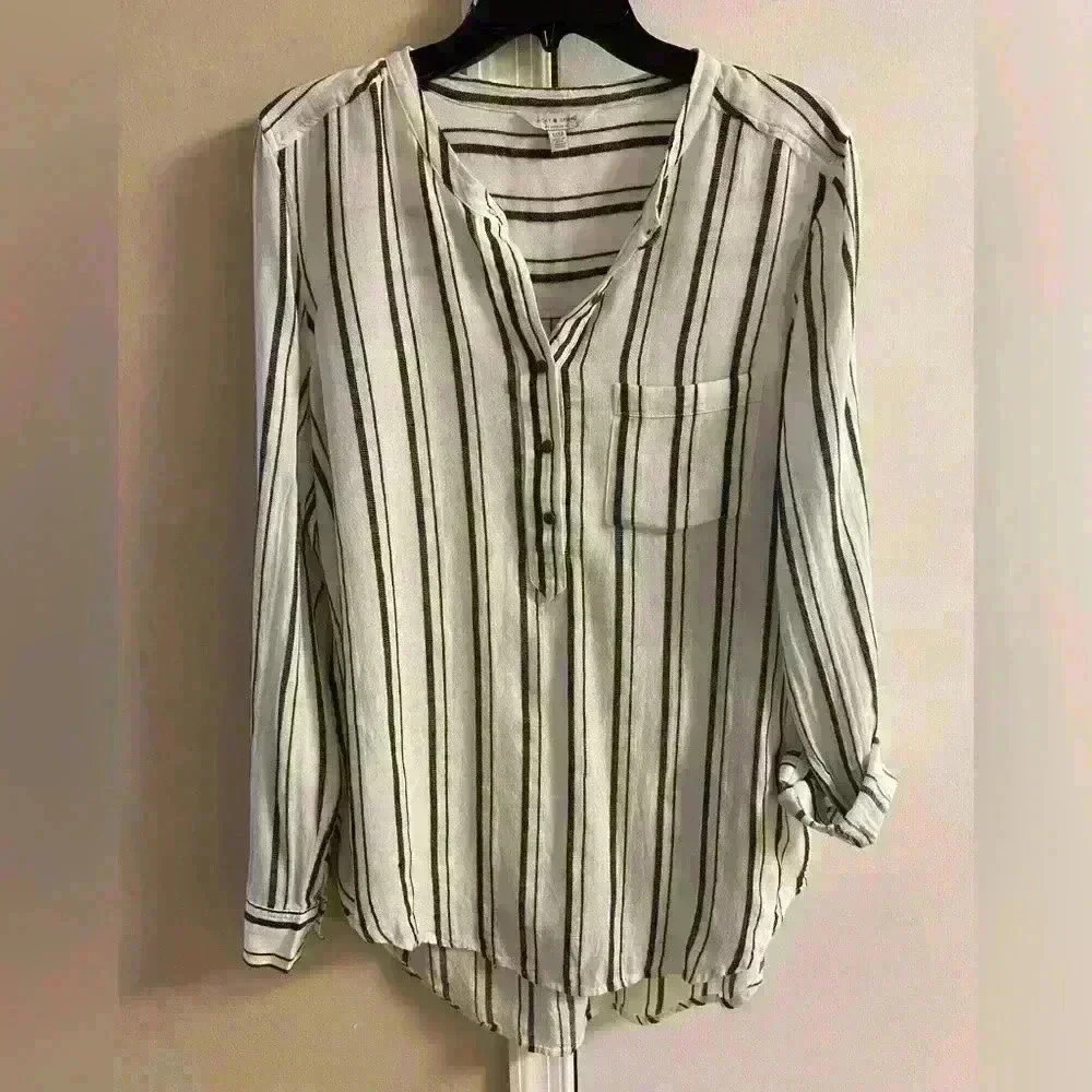 Lucky Brand Blouse Pop Over High Low Hem Striped Medium